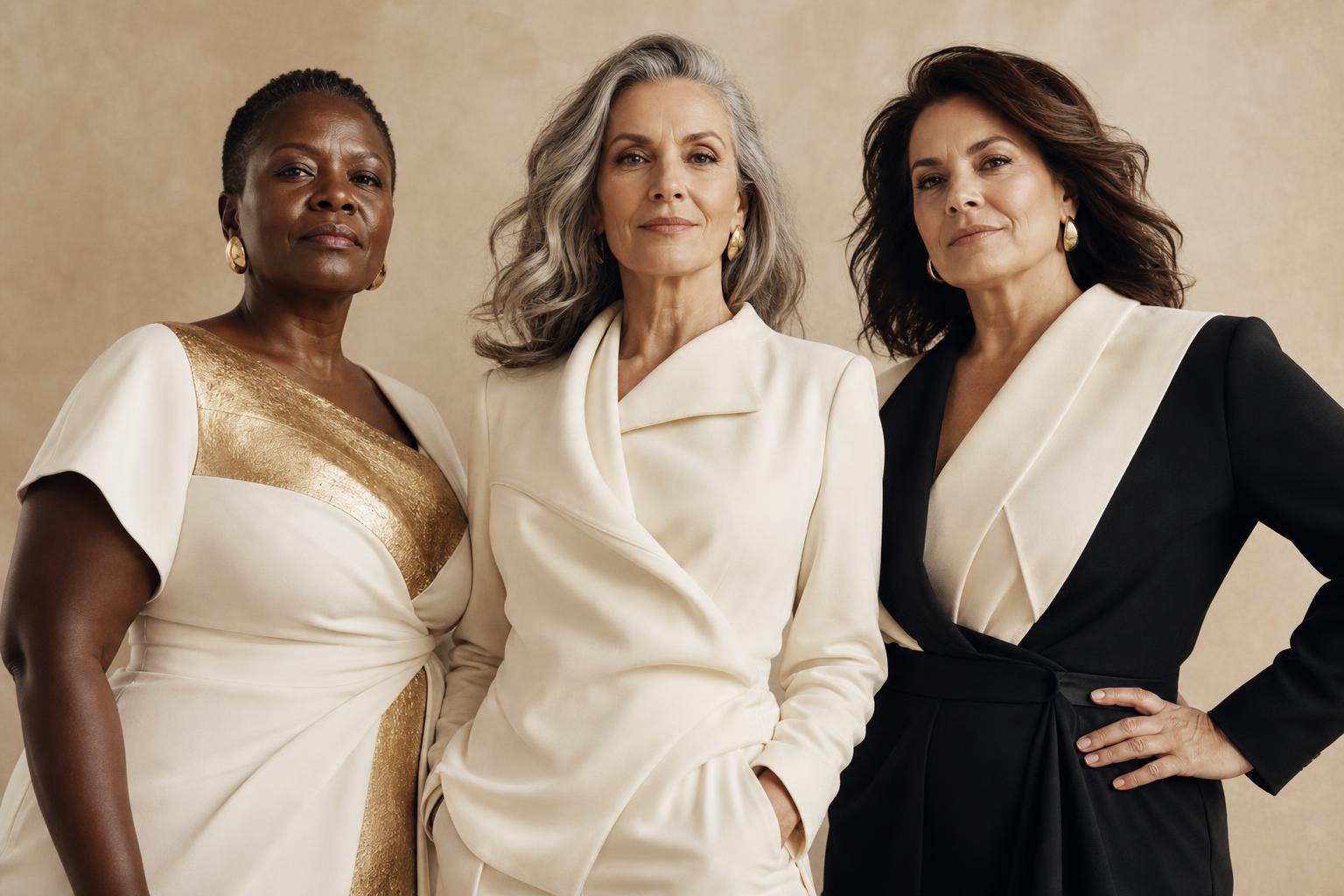 Three confident women over 40 in sculptural tailoring, photographed for SCI-Network
