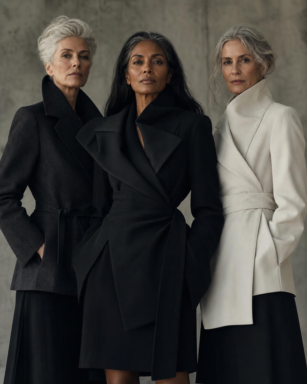 Three women over 45 in sculptural monochrome tailoring, cropped just above the knees. Two with silver-grey hair; the Afro-Caribbean woman at centre with long dark hair and only subtle salt-and-pepper strands. Photographed for SCI-Network.