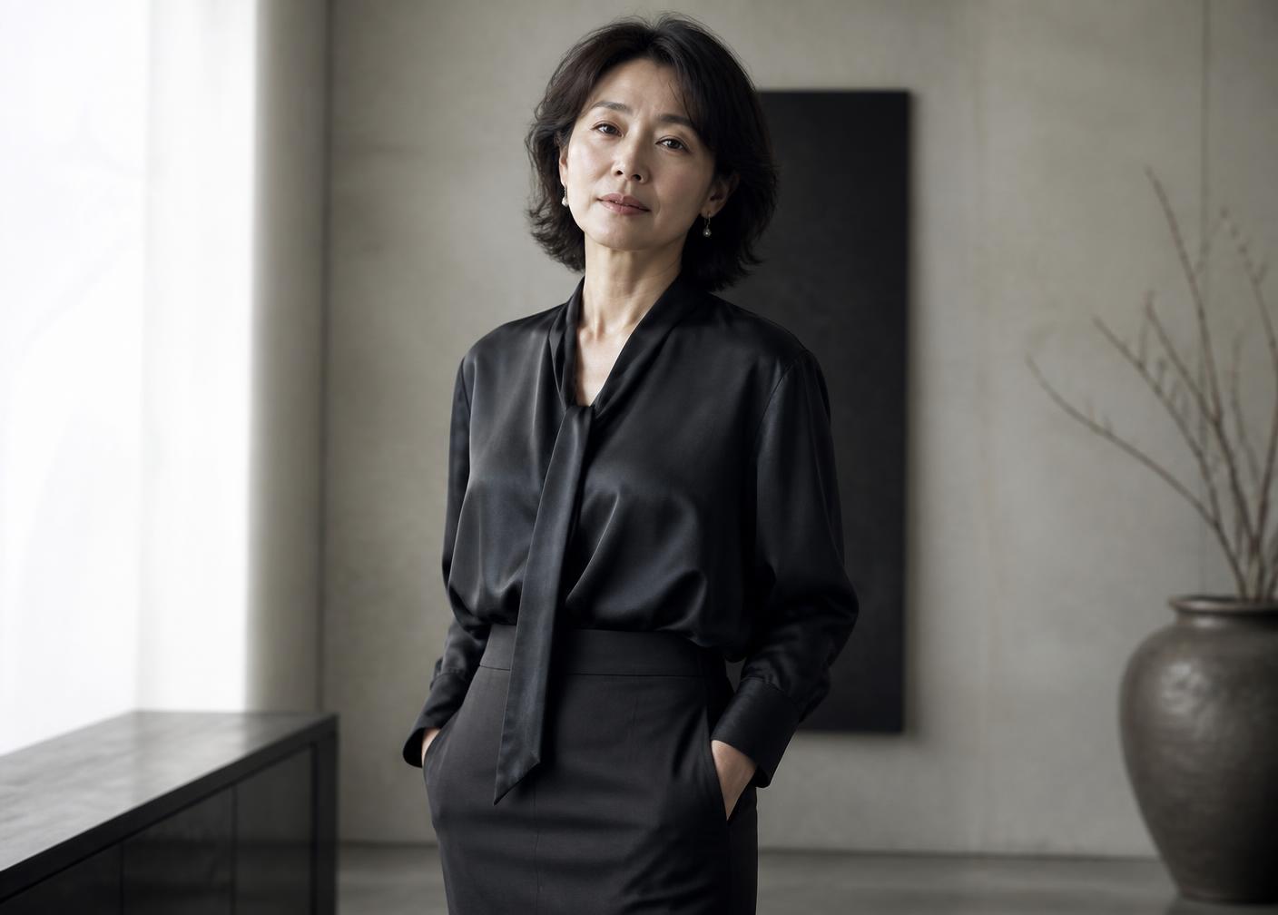 A woman in her forties in a monochrome silk blouse and soft tailored skirt, standing in a calm, light-filled room