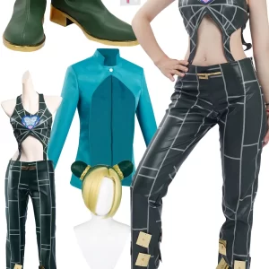 Female Jolyne Cujoh Cosplay Costume Coat Pants Shoes Boots Wigs Jacket Earrings Full Set Women Girls Cloth Halloween Party Suit