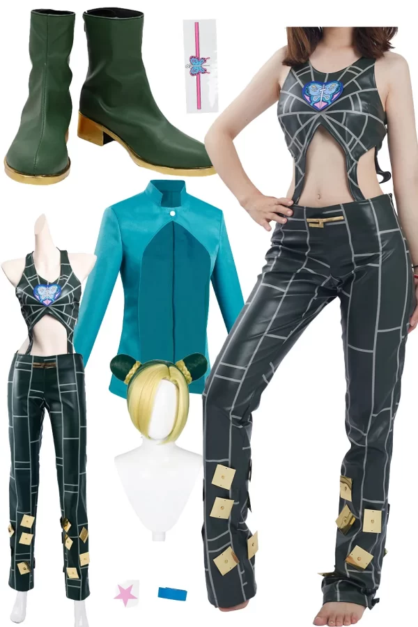 Female Jolyne Cujoh Cosplay Costume Coat Pants Shoes Boots Wigs Jacket Earrings Full Set Women Girls Cloth Halloween Party Suit