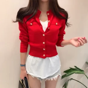 2024 Women's Clothing Sweaters autumn new slim fit knitted short thin base Jumpers retro long sleeved small jacket top Cardigan - Image 4