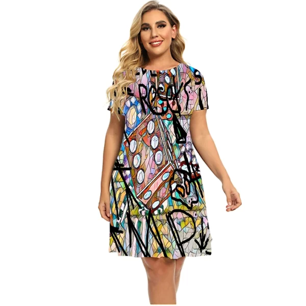 New Fashion Cute Kawaii Dresses Women Graffiti Print Hip Hop Short Sleeve Loose Casual Mini Dress Plus Size Summer Clothing 6XL - Image 5