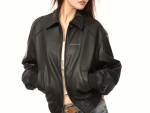 Women Retro Black Leather Jacket  PU Leather Coat