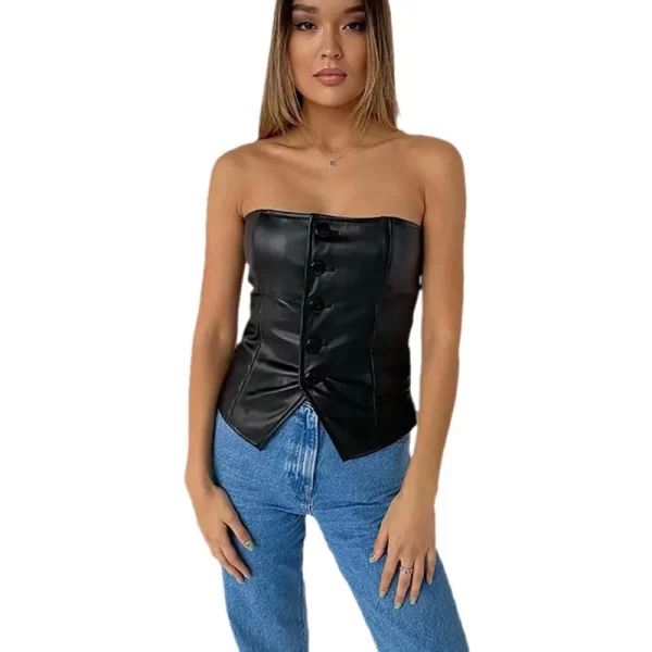 2024 Ins style women's new PU leather single breasted straight neck slim fit sexy backless strapless top for women - Image 2