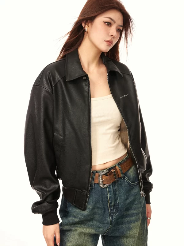 Aaisup American Retro Black Leather Jacket Short Outerwear Women Spring Autumn 2025 New Sle Motorcycle Wind PU Leather Coat... - Image 5