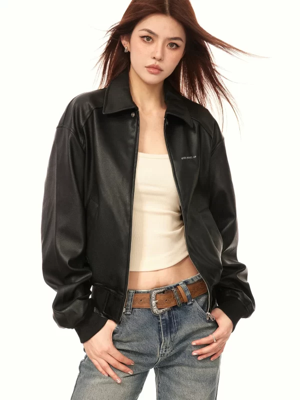 Aaisup American Retro Black Leather Jacket Short Outerwear Women Spring Autumn 2025 New Sle Motorcycle Wind PU Leather Coat... - Image 2