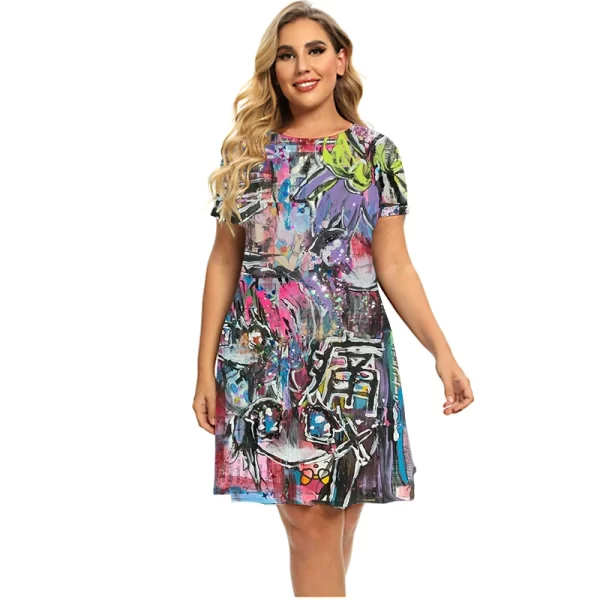 New Fashion Cute Kawaii Dresses Women Graffiti Print Hip Hop Short Sleeve Loose Casual Mini Dress Plus Size Summer Clothing 6XL - Image 6