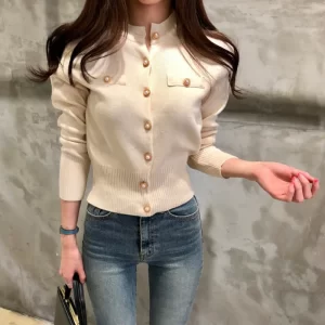 2024 Women's Clothing Sweaters autumn new slim fit knitted short thin base Jumpers retro long sleeved small jacket top Cardigan - Image 5