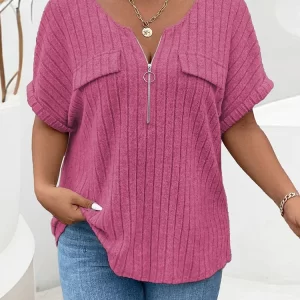 Plus Size Solid Women T shirts Fashion Women Summer New Short Sleeve Rib Knit Casual Tees Tops Female Casual Loose Street Tshirt - Image 3