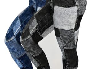Women's High Waist Denim Plaid Patchwork Printed Yoga Fitness Pants