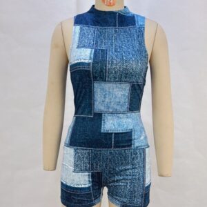 Short Sleeveless Denim Printed fitted Jumpsuit - Image 4