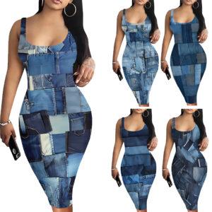 Women's Elegant Printed Jersey Black Fitted Dress - Image 4