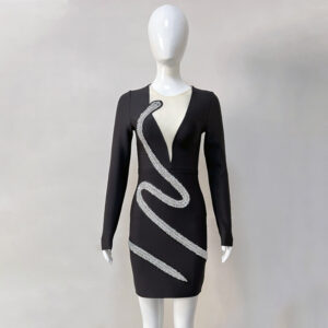 Amazon Summer Cross-border New Black Long-sleeved Snake-shaped Hot Diamond Self-cultivation Sexy Chest Bag Hip Bandage Dress - Image 4