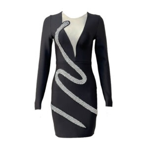 Amazon Summer Cross-border New Black Long-sleeved Snake-shaped Hot Diamond Self-cultivation Sexy Chest Bag Hip Bandage Dress - Image 5