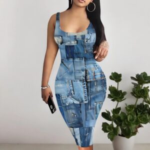 Women's Elegant Printed Jersey Black Fitted Dress - Image 2