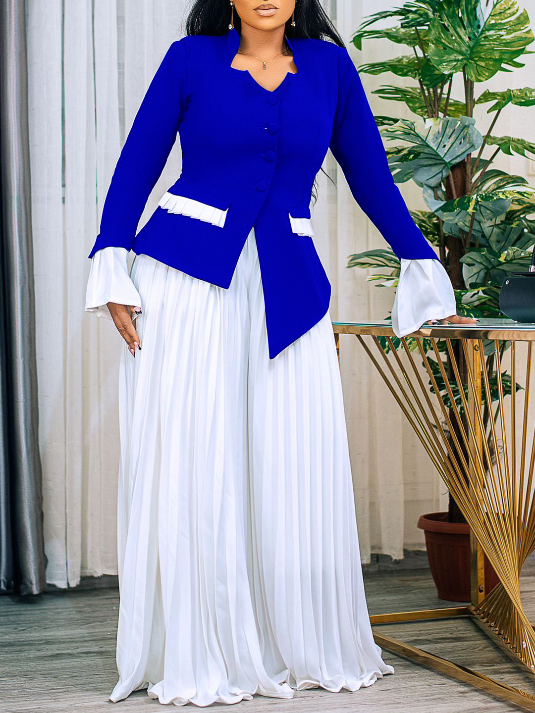 Elegant Bell Sleeve Suit Set – Pleated Top & Wide-Leg Pants - Image 3