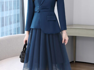 Elegant Waist-Cinching Mesh Skirt Suit Jacket