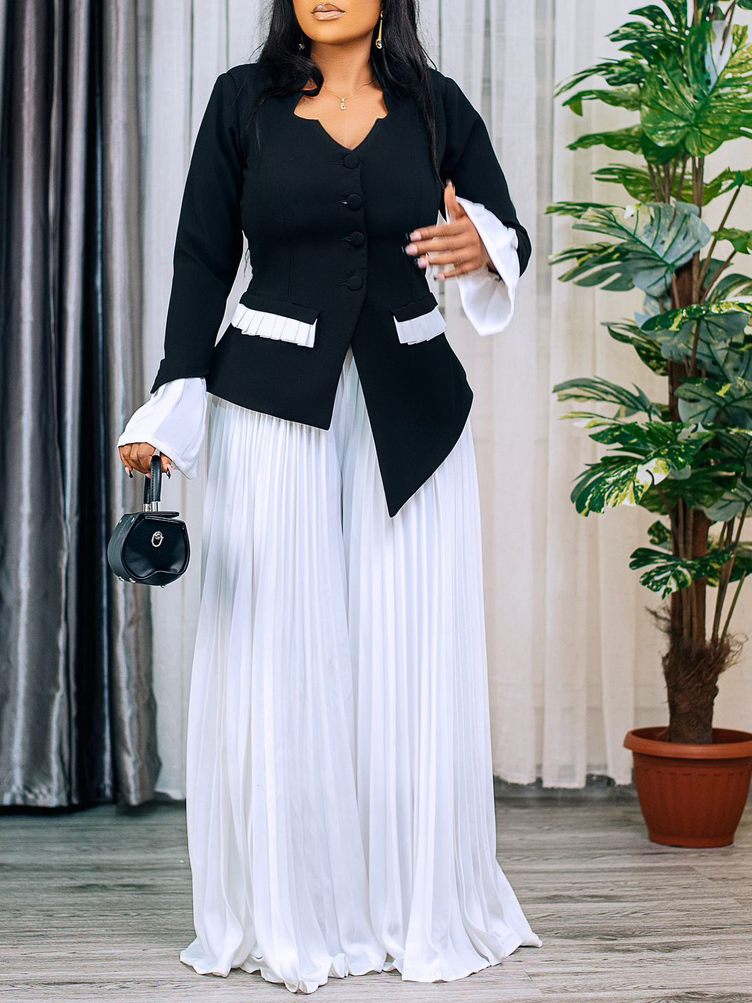 Elegant Bell Sleeve Suit Set – Pleated Top & Wide-Leg Pants - Image 4