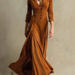 Button Lapel Three-Quarter Sleeve  Dress Long Waist Swing Skirt