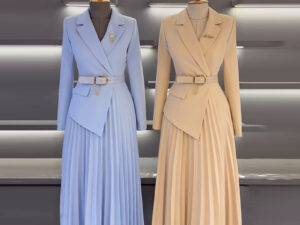 Elegant Long-Sleeved Belt Pleated Pure Colour for Long Skirt