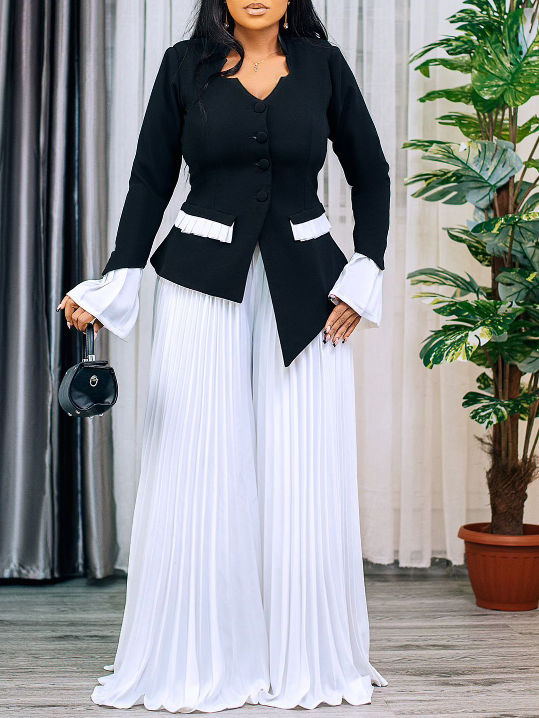Elegant Bell Sleeve Suit Set – Pleated Top & Wide-Leg Pants - Image 2