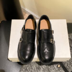 Shrink Pattern Horsehide Double-Button Round Toe Thick Heel  Leather Shoes For Women