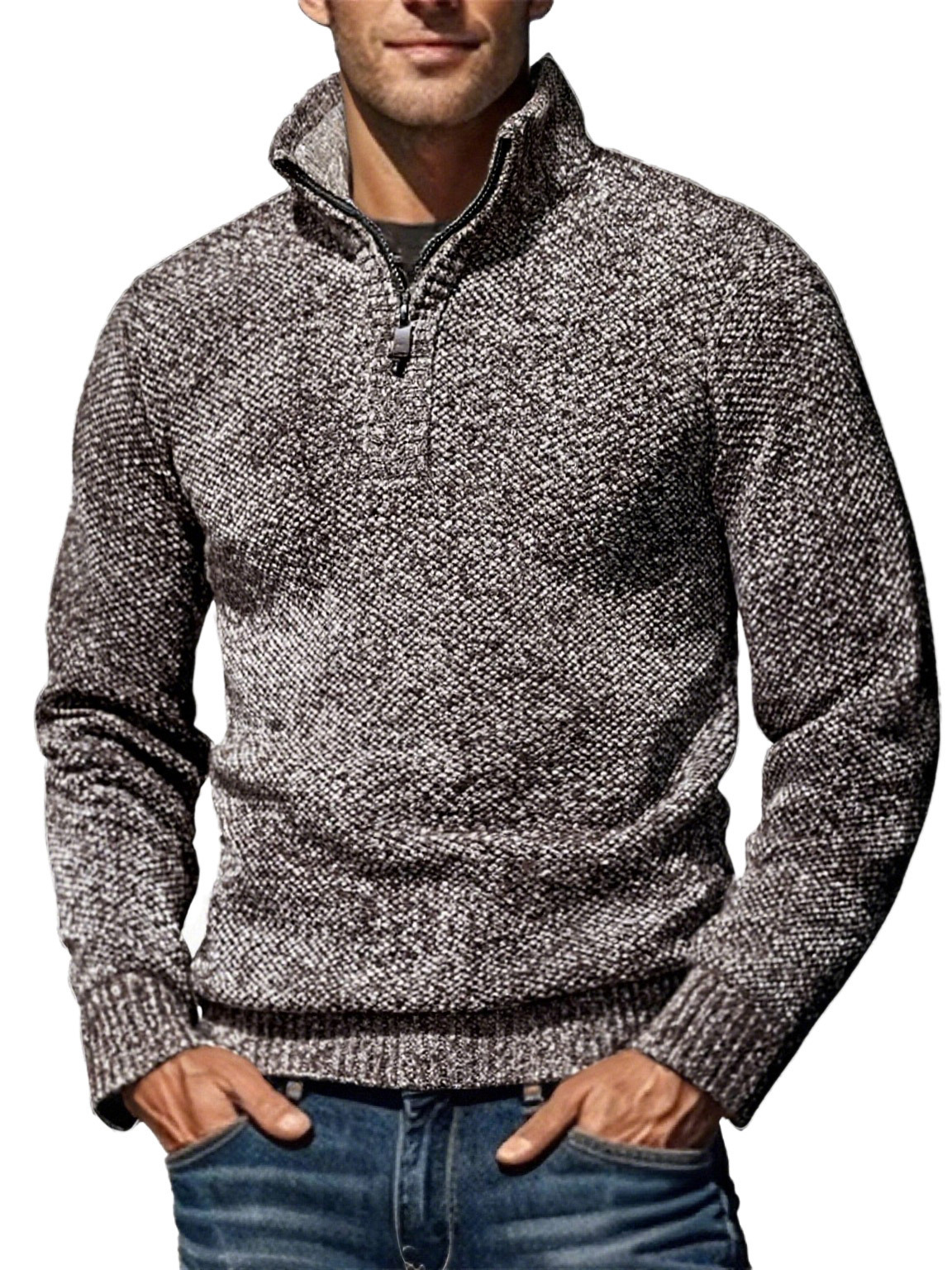 Men's Half Turtleneck Zipper Knitwear Fleece-Lined Thickeneded Pullover Bottoming - Image 3