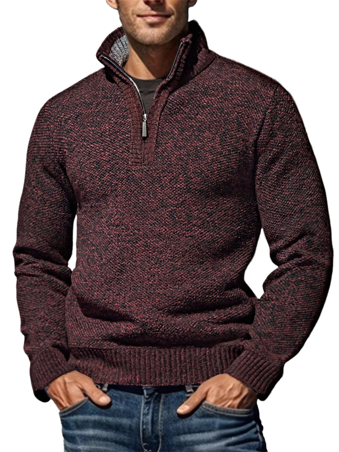 Men's Half Turtleneck Zipper Knitwear Fleece-Lined Thickeneded Pullover Bottoming - Image 2