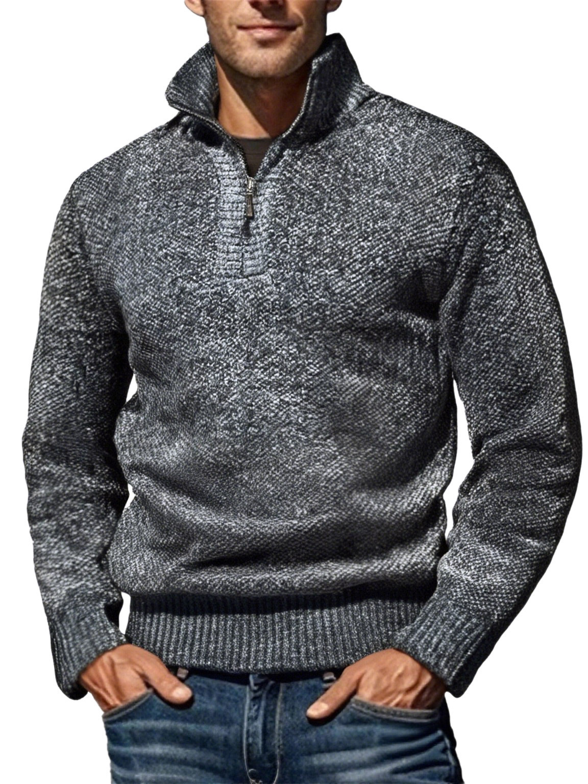 Men's Half Turtleneck Zipper Knitwear Fleece-Lined Thickeneded Pullover Bottoming - Image 5