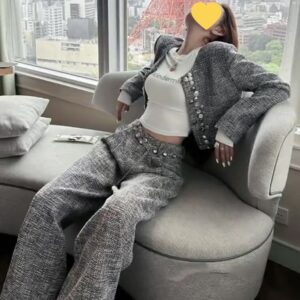 Elegant women short jacket and high waist straight pants set