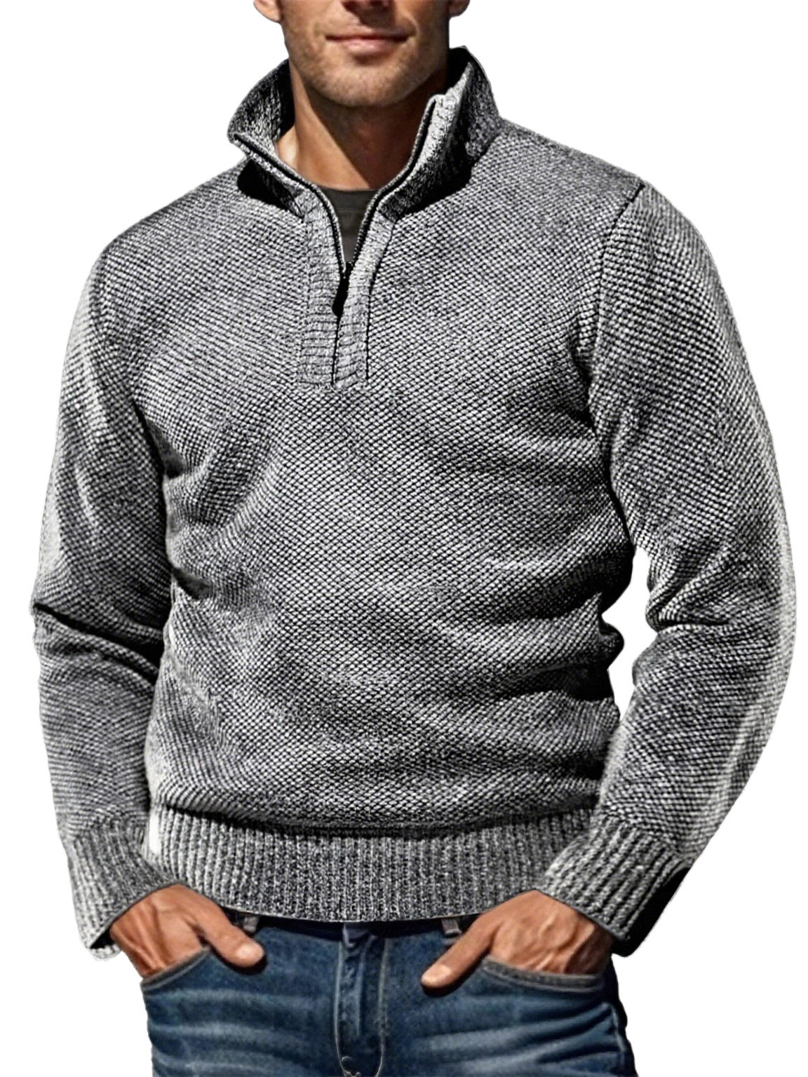 Men's Half Turtleneck Zipper Knitwear Fleece-Lined Thickeneded Pullover Bottoming - Image 4