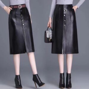 Women's high waist leather skirt front view