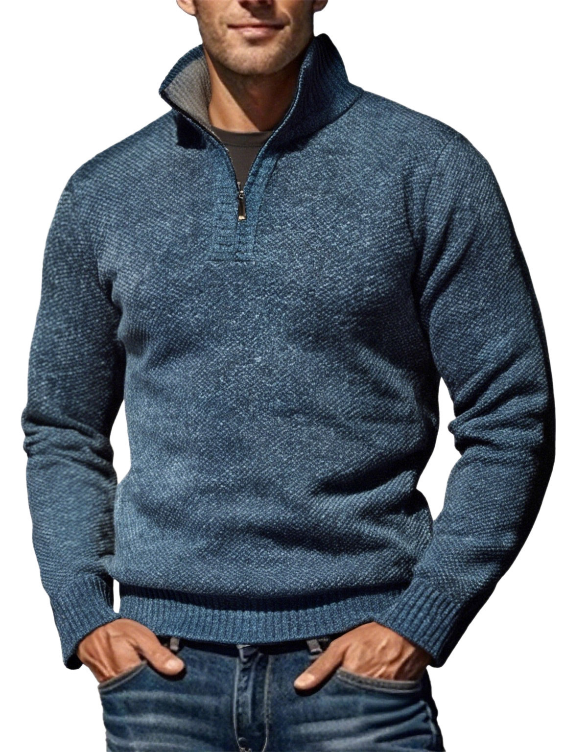 Men's Half Turtleneck Zipper Knitwear Fleece-Lined Thickeneded Pullover Bottoming