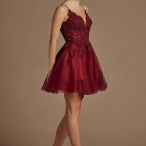 Cocktail Dress - Illusion V-Neck Embroidered Lace Babydoll Short  Cocktail/Homecoming Dress