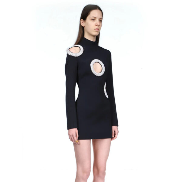 Sweater Dress Stand Collar with Bandage Skirt, Three Diamond Hollows and Close Fit Long-sleeves