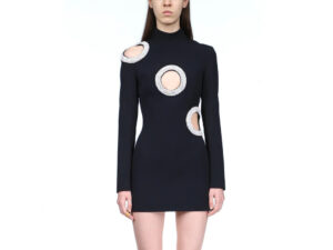 Sweater Dress Stand Collar with Bandage Skirt, Three Diamond Hollows and Close Fit Long-sleeves