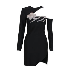 Round Neck Beaded Floral Design Nude left Shoulder Slim-Fit Long Sleeve Dress in Light Purple