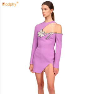Round Neck Beaded Floral Design Nude left Shoulder Slim-Fit Long Sleeve Dress in Light Purple