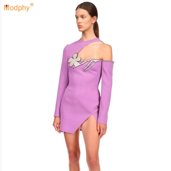 Round Neck Beaded Floral Design Nude left Shoulder Slim-Fit Long Sleeve Dress in Light Purple