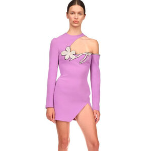 Round Neck Beaded Floral Design Nude left Shoulder Slim-Fit Long Sleeve Dress in Light Purple