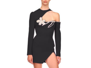 Round Neck Beaded Floral Design Nude left Shoulder Slim-Fit Long Sleeve Dress in Light Purple