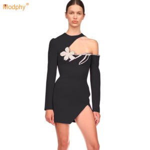 Round Neck Beaded Floral Design Nude left Shoulder Slim-Fit Long Sleeve Dress in Light Purple