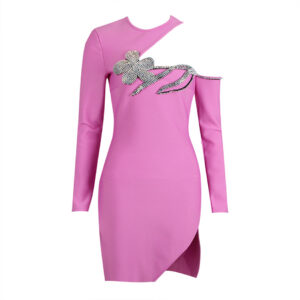 Round Neck Beaded Floral Design Nude left Shoulder Slim-Fit Long Sleeve Dress in Light Purple