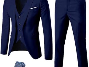 MYS Men's 3 Piece Slim Fit Suit Set, One Button Solid Jacket Vest Pants with Tie Natural White