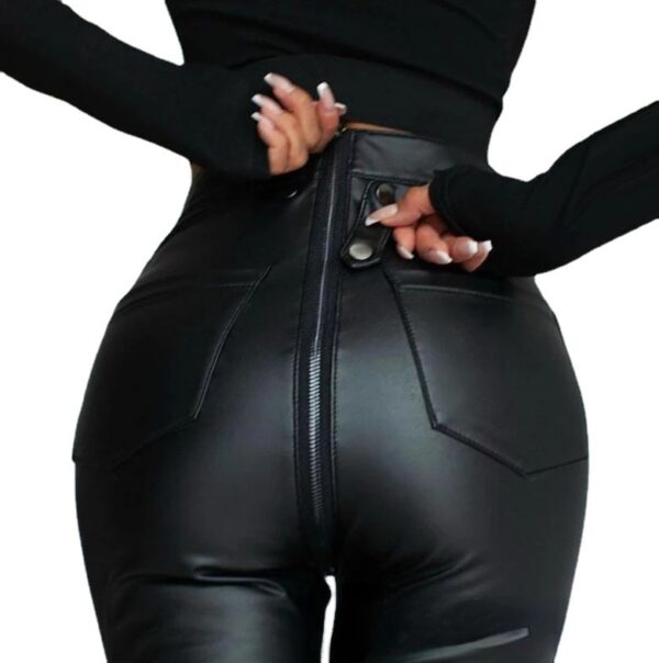 Feature Zipper Slim PU Black Narrow-leg Trousers