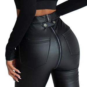 Feature Zipper Slim PU Black Narrow-leg Trousers