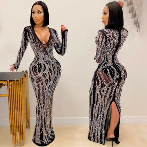 Sexy hot diamond inlaid diamond perspective mesh shiny women's dress