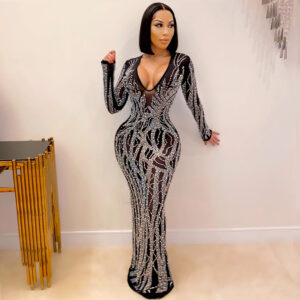 Sexy hot diamond inlaid diamond perspective mesh shiny women's dress
