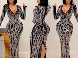 Sexy hot diamond inlaid diamond perspective mesh shiny women's dress